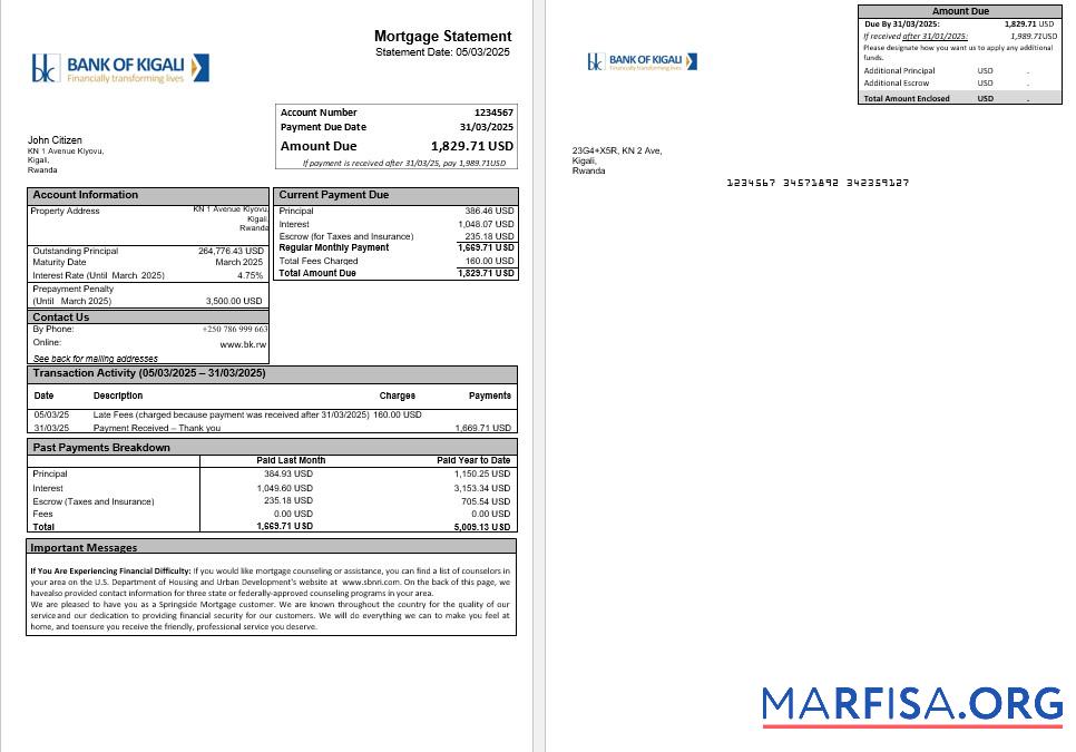 Downloadable Rwanda bank of Kigali mortgage statement in Word and PDF formats real example